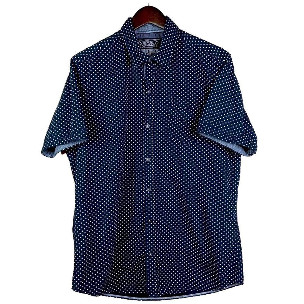 Women’s Broken Threads Short Sleeve Collared Shirt Navy Blue w/ White St…